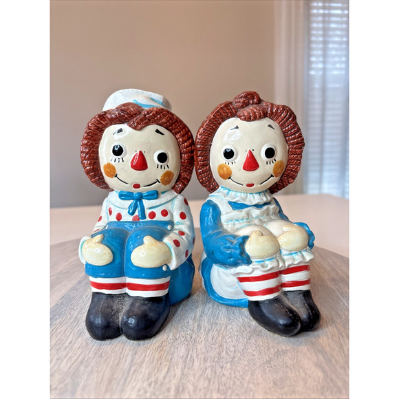 Other - Vintage Raggedy Ann & Andy Ceramic Figurines Blue Outfit Sitting Pair Collectibl